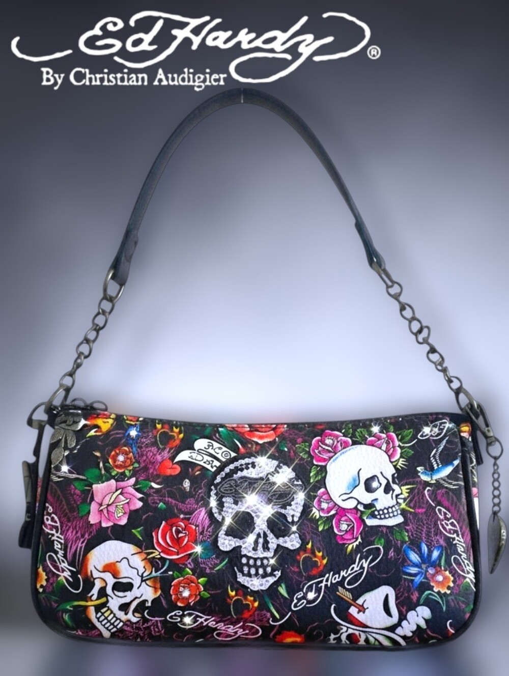 ED HARDY Rose Skull Bag Convertible Crossbody Purse Gunmetal Chain Y2K PURSE